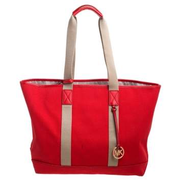 Pre Owned Michael Michael Kors Orange/Beige Canvas and Leather Shopper Tote 