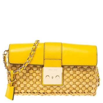 Pre Owned MICHAEL Michael Kors Mustard Woven Straw and Leather Gabriella Shoulder Bag