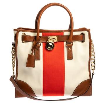 Pre Owned MICHAEL Michael Kors Tri Color Leather and Canvas Large Hamilton Tote