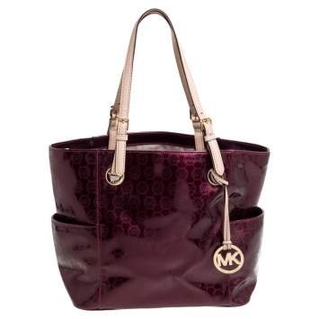 Pre Owned MICHAEL Michael Kors Purple Perforated Signature Patent Leather Middle Zip Tote