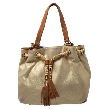 Pre Owned MICHAEL Michael Kors Gold Shimmer Canvas and Leather Tassel Drawstring Shoulder Bag