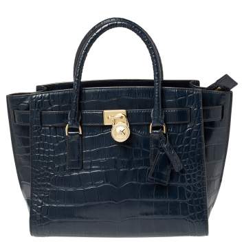 مملوكة مسبقًا MICHAEL Michael Kors Blue Croc Embossed Leather Hamilton East West Satchel