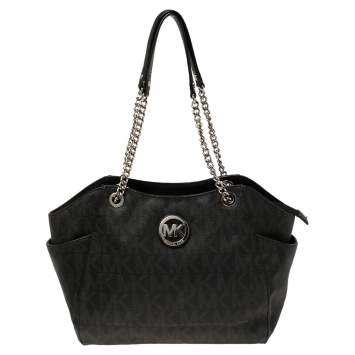 Pre Owned MICHAEL Micheal Kors Black Signature Canvas Jet Set Travel Chain Tote