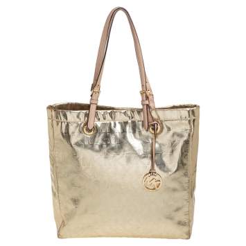 Pre Owned MICHAEL Michael Kors Metallic Gold Mirror Signature PVC and Leather North South Jet Set Tote