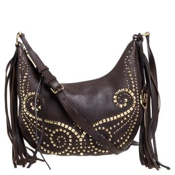 Pre Owned MICHAEL Michael Kors Brown Leather Studded Rhea Crossbody Bag