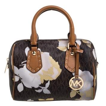 Pre Owned MICHAEL Michael Kors Brown Signature Floral Coated Canvas and Leather Small Aria Satchel