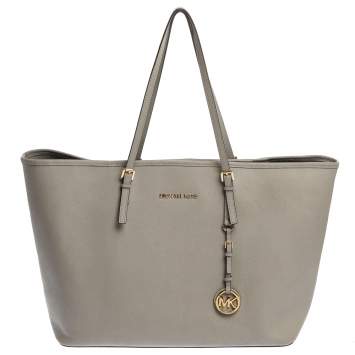 Pre Owned Michael Michael Kors Grey Leather Large Jet Set Travel Tote