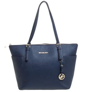 Pre Owned MICHAEL Michael Kors Navy Blue Leather Large Jet Set Zip Tote 