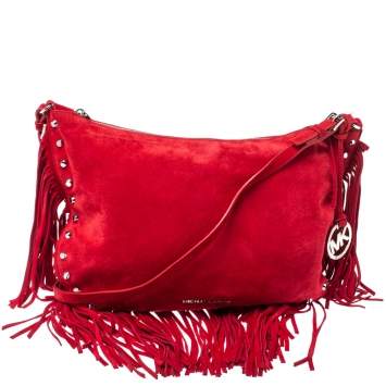 Pre Owned Michael Michael Kors Red Suede Dakota Fringe Crossbody Bag