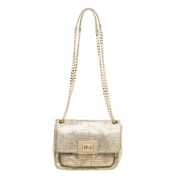 Pre Owned  Michael Kors Metallic Gold Lizard Embossed Leather Turnlock Crossbody Bag