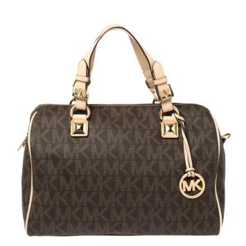 مملوكة مسبقًا MICHAEL Michael Kors Brown/Beige Signature Coated Canvas and Leather Grayson Boston Bag