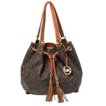 Pre Owned MICHAEL Michael Kors Brown/Tan Signature Coated Canvas and Leather Jet Set Drawstring Bag