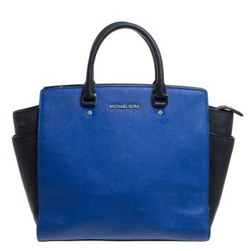 Pre Owned MICHAEL Michael Kors Black/ Blue Leather Large Selma Tote