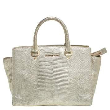 Pre Owned MICHAEL Michael Kors Metallic Gold Lizard Embossed Leather Medium Selma Tote