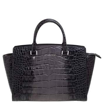 Pre Owned MICHAEL Michael Kors Grey/Black Croc Embossed Leather Large Selma Tote