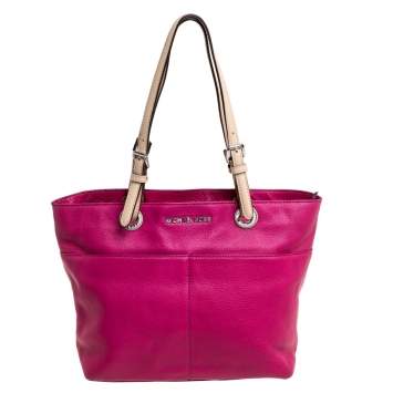Pre Owned MICHAEL Michael Kors Magenta/Beige Grained Leather Bedford Tote 