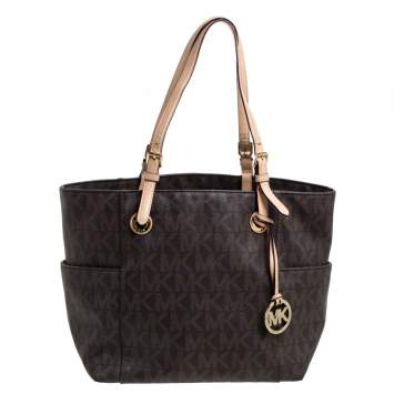 Pre Owned MICHAEL Michael Kors Brown Signature Coated Canvas and Leather Jet Set Tote