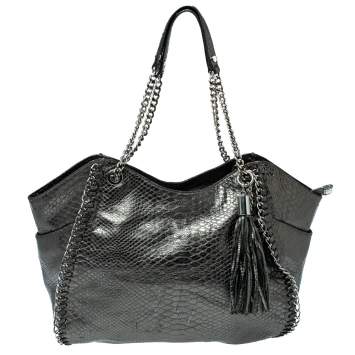 Pre Owned MICHAEL Michael Kors Metallic Python Effect Leather Tassel Chain Detail Satchel