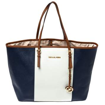 Pre Owned MICHAEL Michael Kors Blue/White Saffiano Leather Large Jet Set Travel Tote
