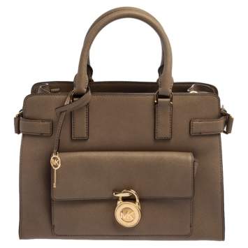 مملوكة مسبقًا MICHAEL Michael Kors Dark Beige Leather Large Emma Satchel