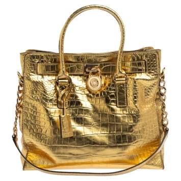 Pre Owned MICHAEL Michael Kors Gold Croc Embossed Patent Leather Large Hamilton North South Tote