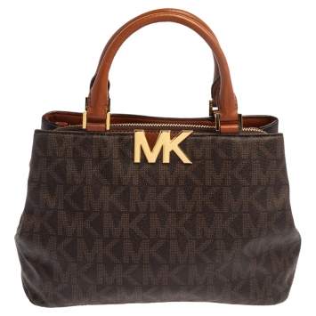 مملوكة مسبقًا MICHAEL Michael Kors Brown Signature Coated Canvas and Leather Florence Satchel