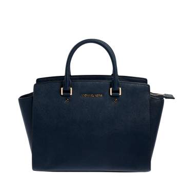 Pre Owned MICHAEL Michael Kors Navy Blue Leather Large Selma Satchel