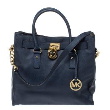 Pre Owned MICHAEL Michael Kors Navy Blue Leather Large Hamilton North South Tote