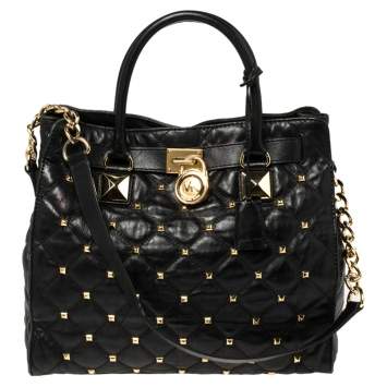 Pre Owned MICHAEL Michael Kors Black Studded Quilted Leather Large Hamilton North South Tote