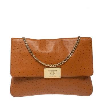 مملوكة مسبقًا MICHAEL Michael Kors Brown Ostrich Embossed Leather Turnlock Flap Shoulder Bag