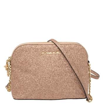 Pre Owned MICHAEL Michael Kors Rose Gold Glitter Medium Cindy Dome Crossbody Bag