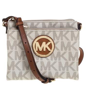 Pre Owned MICHAEL Michael Kors Off White/Tan Coated Canvas and Leather Fulton Crossbody Bag