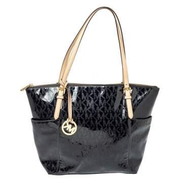 Pre Owned MICHAEL Michael Kors Black Signature Mirror PVC and Leather East West Zip Tote