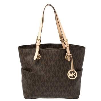 Pre Owned MICHAEL Michael Kors Brown Signature Coated Canvas and Leather Jet Set East West Tote