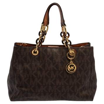 Pre Owned MICHAEL Michael Kors Brown Signature Coated Canvas Medium Cynthia Satchel