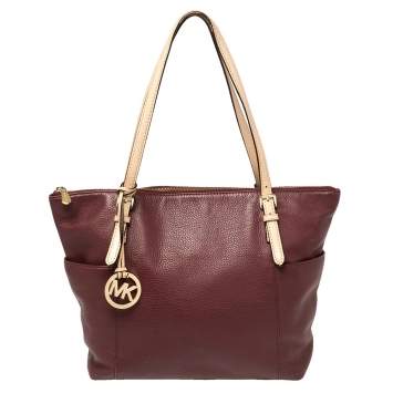 Pre Owned MICHAEL Michael Kors Burgundy/Beige Leather Medium Jet Set Top Zip Tote