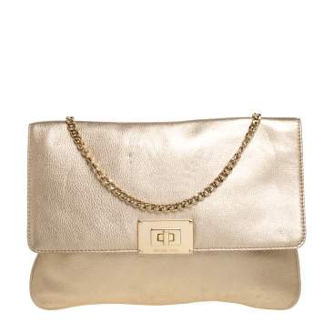 Pre Owned MICHAEL Michael Kors Metallic Gold Leather Turnlock Crossbody Bag