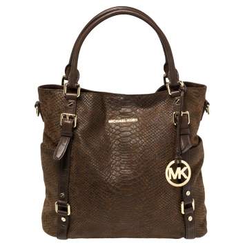 Pre Owned MICHAEL Michael Kors Dark Brown Python Embossed Leather Bedford Tote