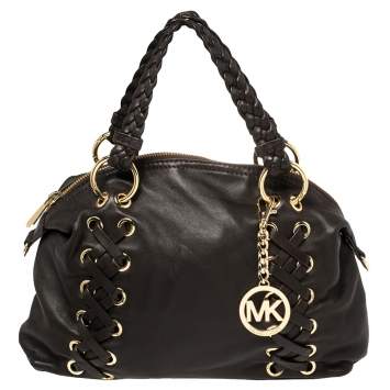 Pre Owned MICHAEL Michael Kors Dark Brown Leather Braided Handle Satchel