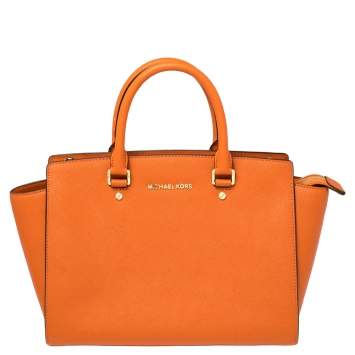 Pre Owned Michael Kors Orange Saffiano Leather Medium Selma Tote