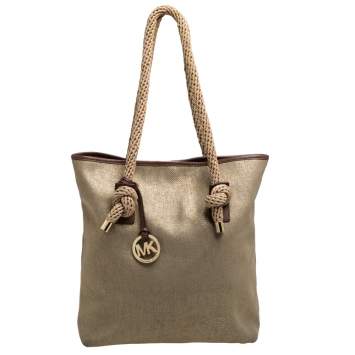 Pre Owned MICHAEL Michael Kors Gold/Beige Shimmer Canvas Knotted Handle Tote