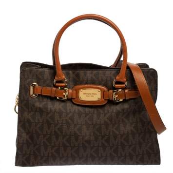 Pre Owned MICHAEL Michael Kors Brown Signature Coated Canvas and Leather Hamilton Tote