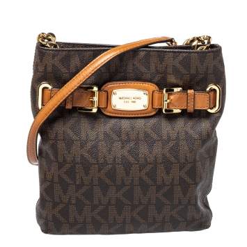 Pre Owned Michael Kors Brown/Tan Coated Canvas and Leather Hamilton Crossbody Bag