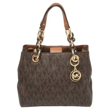 Pre Owned Michael Michael Kors Brown Signature Coated Canvas Small Cynthia Tote
