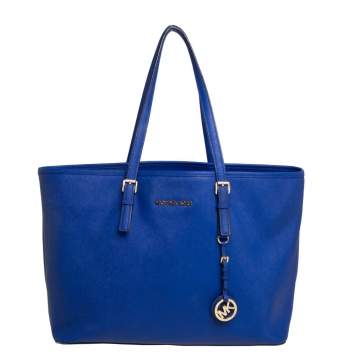 Pre Owned MICHAEL Michael Kors Blue Saffiano Leather Large Jet Set Middle Zip Shopper Tote