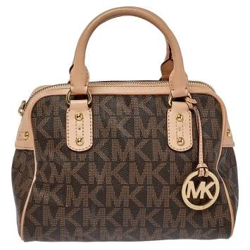 Pre Owned MICHAEL Michael Kors Brown/Pink Signature Coated Canvas and Leather Satchel