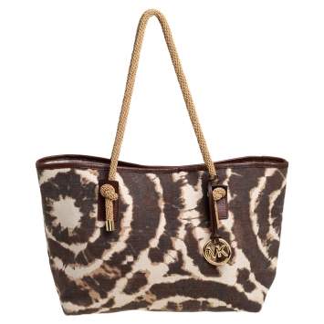 Pre Owned MICHAEL Michael Kors Brown/Beige Printed Canvas Rope Handle Tote