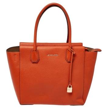 Pre Owned MICHAEL Michael Kors Orange Grained Leather Large Mercer Tote
