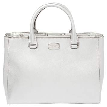 Pre Owned MICHAEL Michael Kors Metallic Silver Leather Medium Kellen Satchel