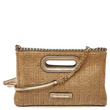 Pre Owned MICHAEL Michael Kors Beige/Gold Raffia and Leather Rosalie Clutch Bag